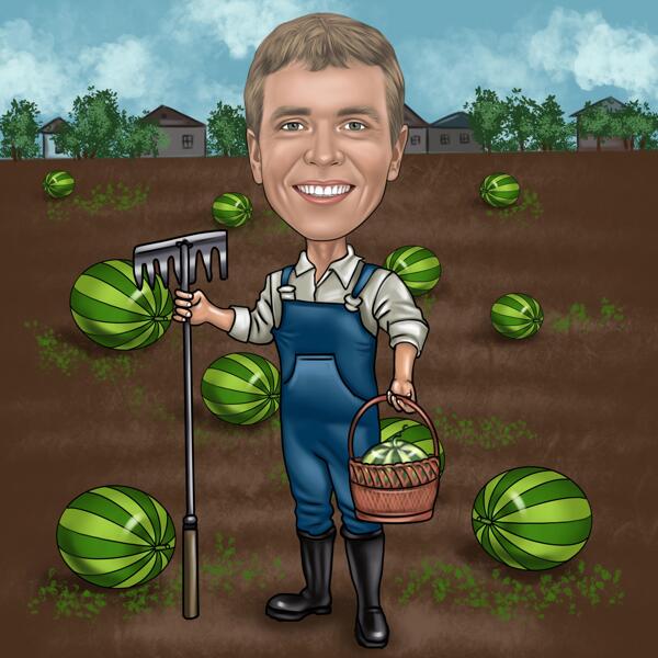 Caricatura de agricultura: presente digital de agricultor de melancia