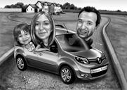Black and White Style Caricature of Family in Bus Drawn from Photos