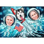 Paar mit Hundekarikatur im Weltraum