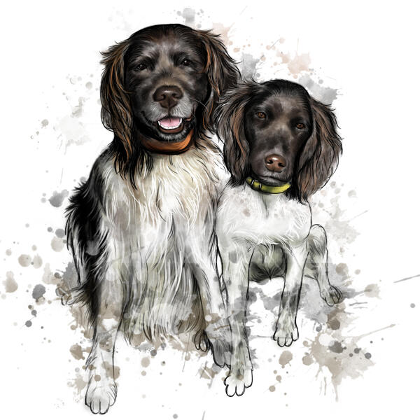 Full Body Two Dogs Cartoon Painting in Natural Watercolors from Photos