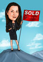 Caricatura de agente inmobiliario con casa vendida