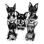Caricatura canina personalizada - retrato aquarela de raças de cães mistos em estilo preto e branco