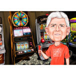 Карикатура казино, нарисованная вручную в цветном стиле с фоном игровых автоматов из фотографии