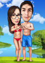 Caricatura de casal em praia tropical