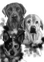 Portrét tří psů v monochromatickém stylu akvarelu ve stupních šedi z fotografií