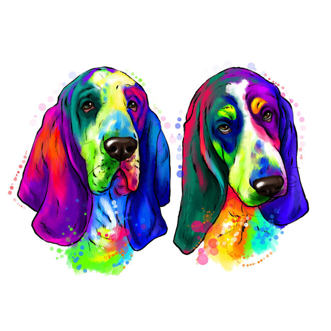 Basset Hound Dogs-karikatuur in regenboogwaterverfstijl van foto&#039;s