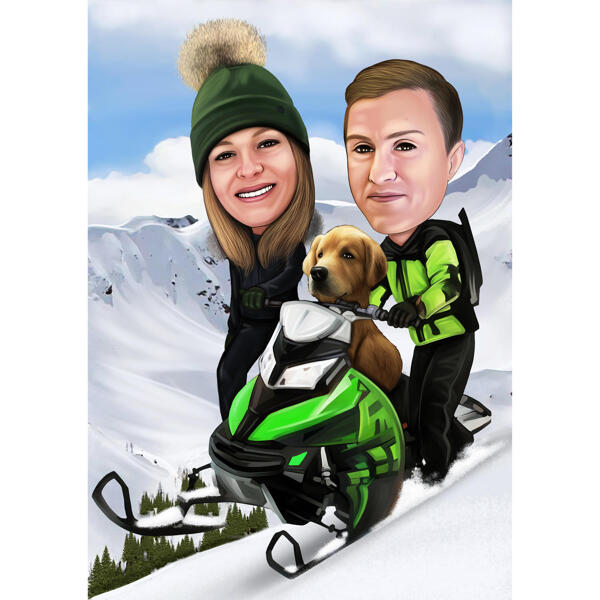 Caricatură de cuplu de iarnă cu jet de schi pentru iubitorii de schi cu jet