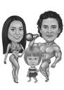 Personalisierte Bodybuilding-Gruppenkarikatur im Schwarz-Weiß-Stil von Fotos
