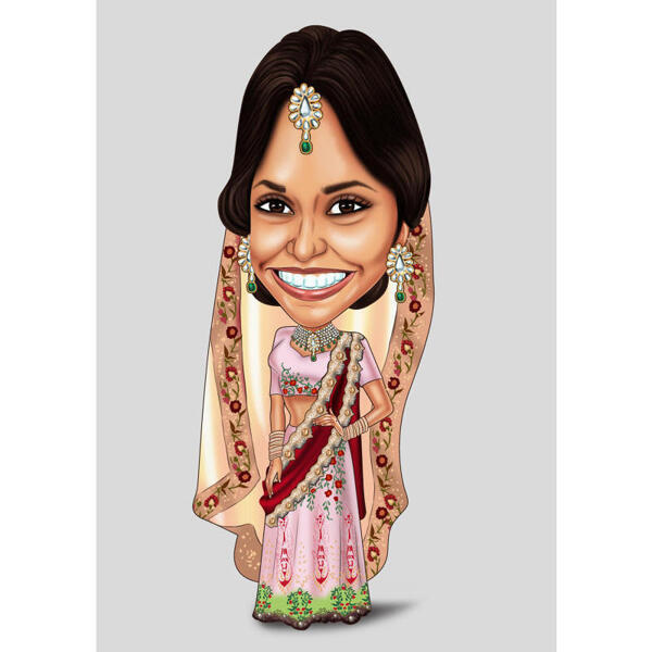 Benutzerdefinierte indische Braut übertriebene Karikatur vom Foto auf farbigem Hintergrund