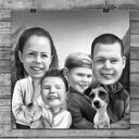 Печать на холсте: Семья с домашним животным Мультфильм из фотографий, нарисованных вручную в черно-белом стиле