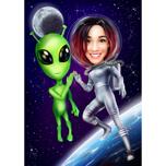 Caricatura de astronauta e alienígena