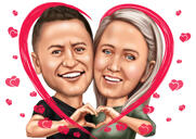 زوجان يصنعان يد قلب كاريكاتير رومانسي من الصور بخلفية ملونة واحدة