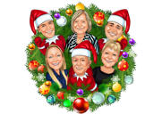 Christmas Group Caricature in Christmas Wreath