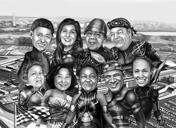 Карикатура группы людей нарисованная с фотографии в черно-белом стиле.