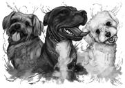 Caricatura canina personalizada - Retrato de raza de perro mixto de acuarela en estilo blanco y negro