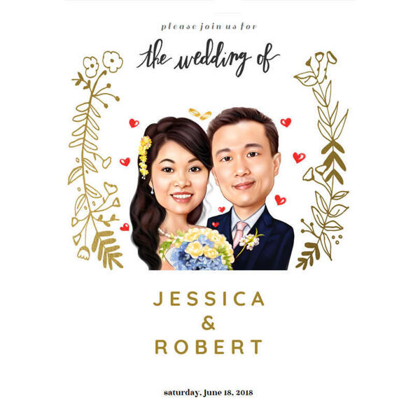 Paar bruiloft uitnodiging karikatuur voor kaart in hoofd en schouders gekleurde stijl van foto's