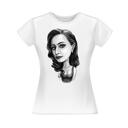 Linda caricatura feminina em estilo exagerado em preto e branco como estampa de presente na camiseta