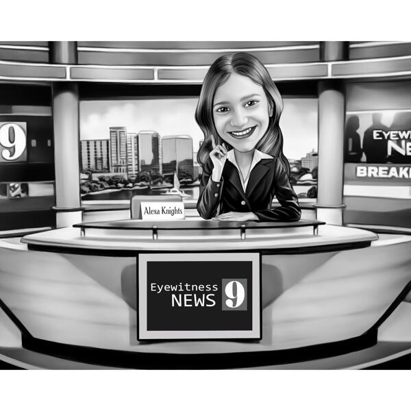News Anchor Cartoon Drawing in Black and White Style with Custom Background