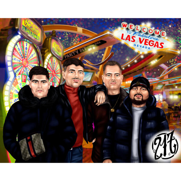 Caricatura di amici di gruppo che disegna in stile colore da foto con sfondo di Las Vegas