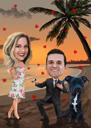 Casal com animal de estimação de férias em caricatura colorida desenhada à mão na foto