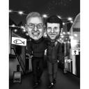 Two Person Cartoon Caricature in Black and White Style with Custom Background