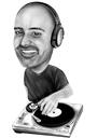 Caricatura di DJ di musica personalizzata che disegna in bianco e nero dalla foto