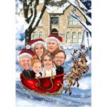 Familiekarikatuur in de slee van de Kerstman met rendieren