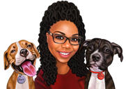 Sieviete ar mājdzīvniekiem pārspīlēta karikatūra krāsainā digitālā stilā ar pielāgotu fonu