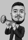 Trumpet Player Caricature from Photo in Black and White Digital Style with Background