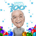 Komische verjaardagspersoon met taart gekleurde karikatuur voor 100 jaar verjaardagscadeau