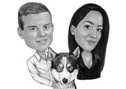 Pár s husky karikaturou v černé a bílé