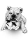 Suņa un kaķa karikatūras portrets melnbaltā stilā