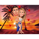 Caricature de couple au coucher du soleil hawaïen