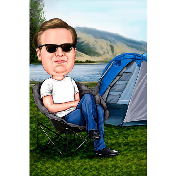 Utomhus semester tält camping karikatyr av person handritad i färgad stil