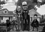 Presente de caricatura de família de super-heróis em preto e branco das fotos