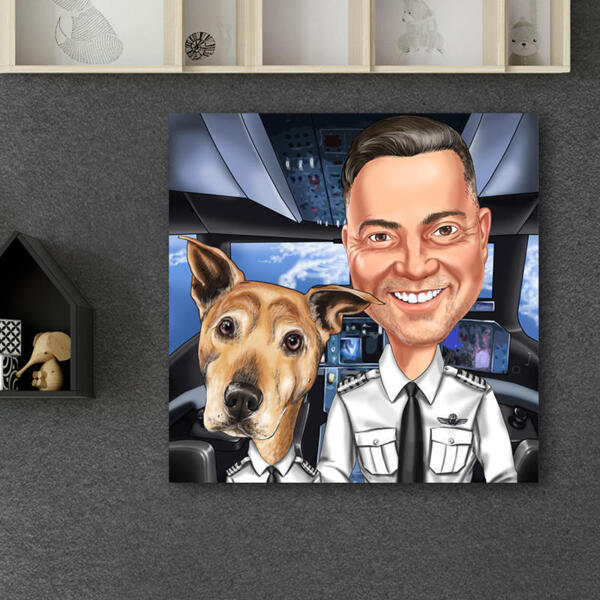 Hombre con caricatura de perro en lienzo impreso como regalo personalizado para piloto de aerolínea