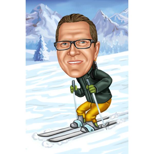 Ganzkörper-Skifahren-Personenkarikatur im Farbstil mit Schneehintergrund