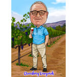Retrato de dibujos animados de un amante del vino sobre un fondo de viñedo