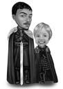 Far og barn karikatur i sort og hvid stil fra foto