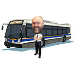 Karikatura řidiče autobusu z fotografií před autobusem