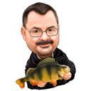 Fisherman Caricature with Fish and Fishing Rod