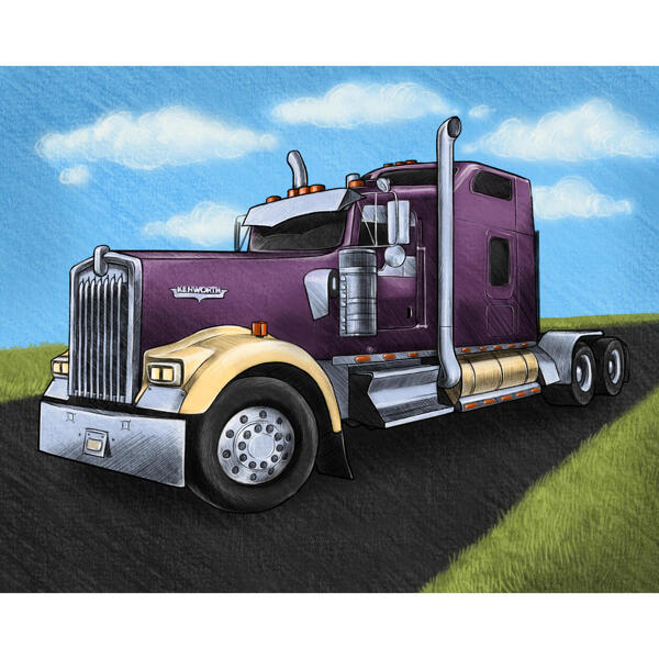 Рисунок портрета грузовика из фотографий на фоне дороги