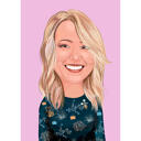 Õnneliku naise karikatuurportree fotodelt joonistatud roosal taustal