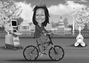 Черно-белая карикатура человека едущего на велосипеде
