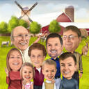 Caricatura di una grande famiglia in fattoria