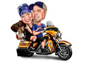 Caricatura de casal em motocicleta Harley-Davidson com plano de fundo