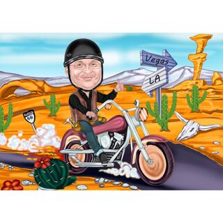 Person Traveling by Motorcycle as Colored Caricature Gift from Photos
