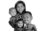 Pár s dítětem rodinný superhrdina kreslený portrét v černé a bílé stylu
