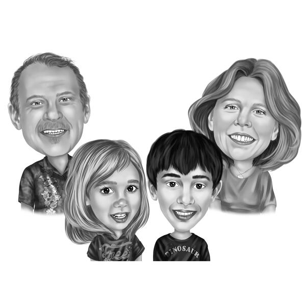 Rodinná karikatura z fotografií v černobílém stylu