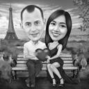 Карикатура пары в полный рост на романтическом фоне Парижа в черно-белом стиле